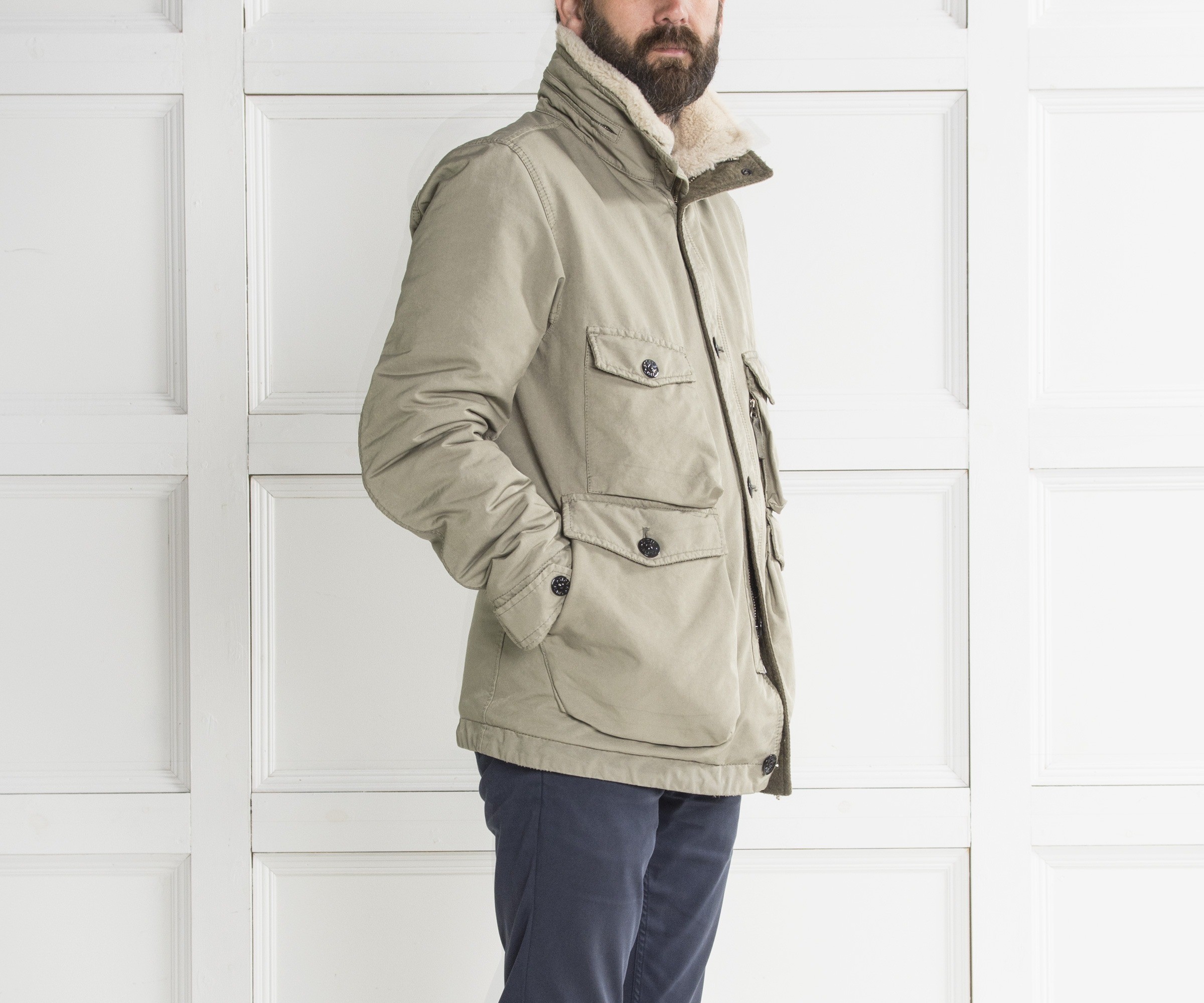 Stone Island David TC Field Jacket With Faux Shearling Collar PrimaLoft Insulation Olive