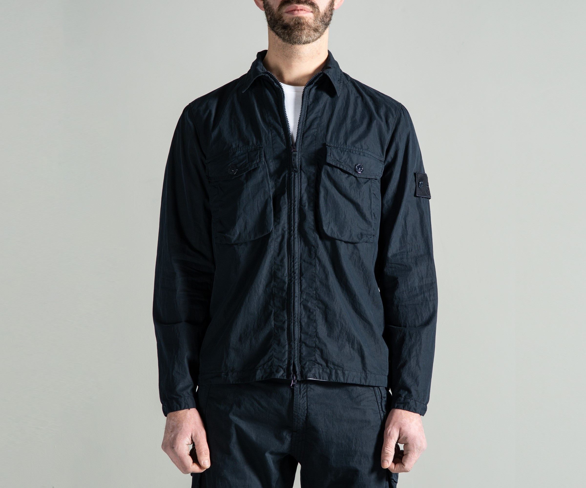 Stone Island 'Ghost Collection' Resin Cotton Zip Overshirt Navy