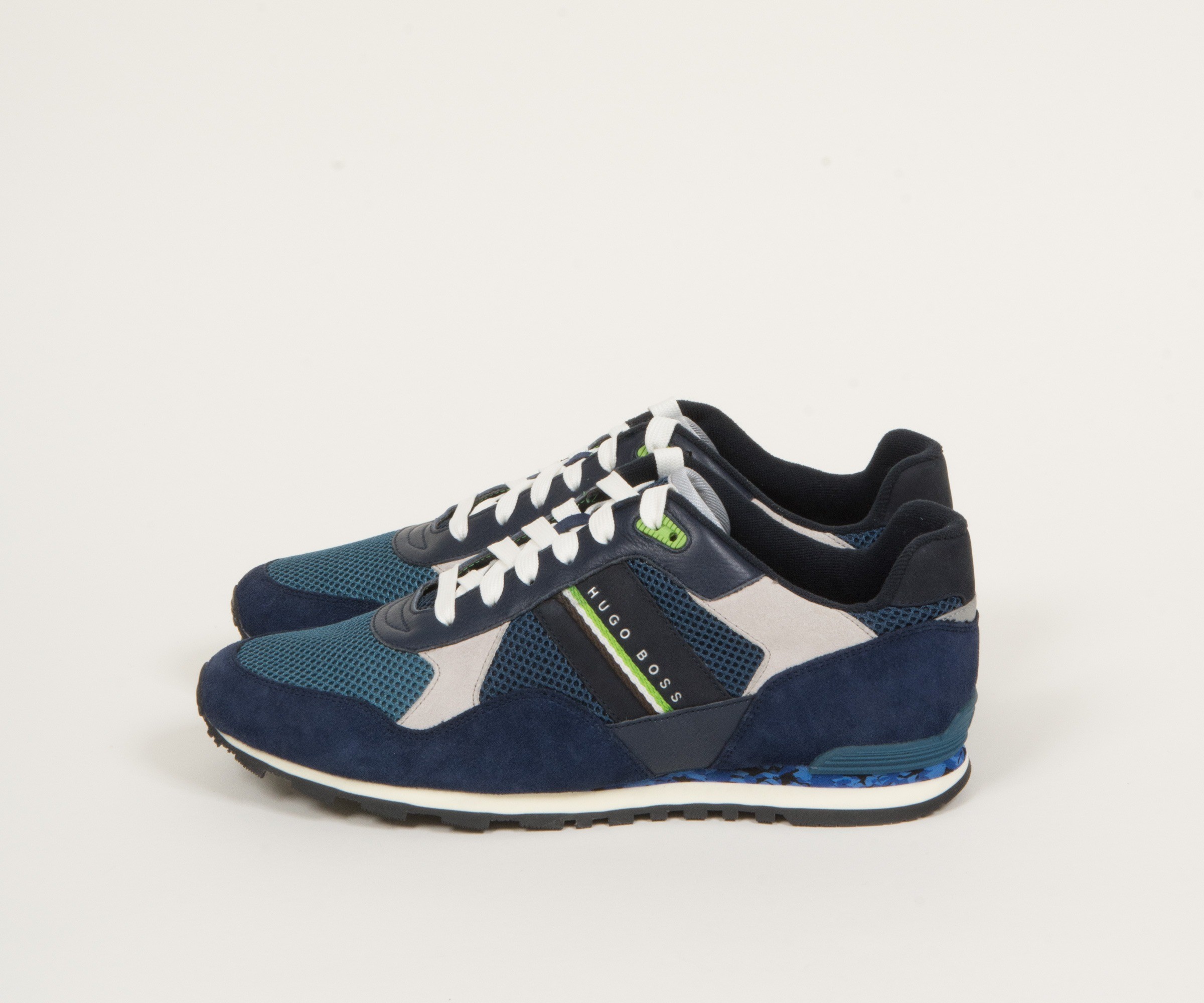 Hugo Boss Green Runcool Camo Trainer With Suede and Mesh Detail Blue and  Navy
