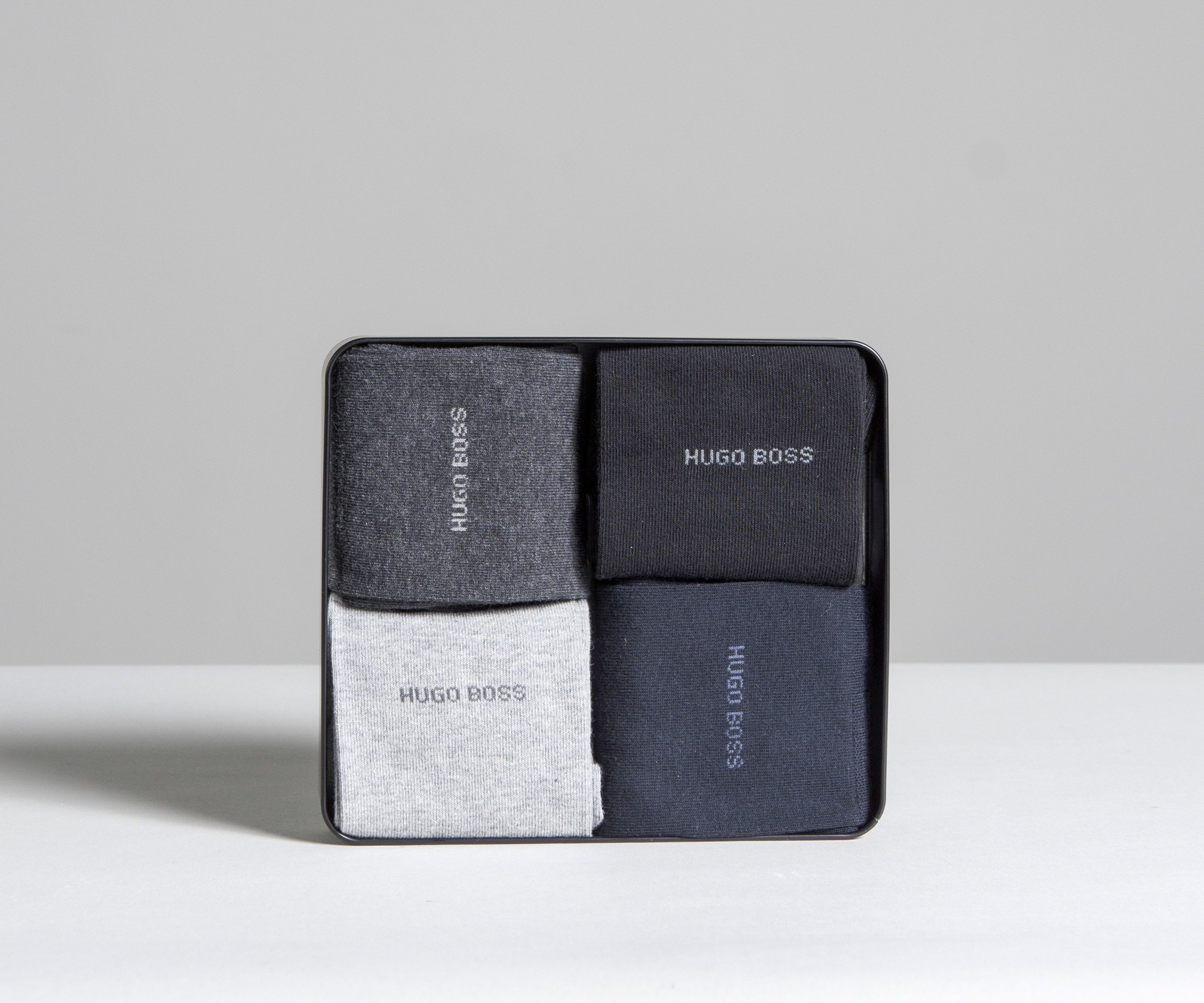 HUGO BOSS 4 Pack Sock Metal Tin Gift Set Grey/Navy/Black