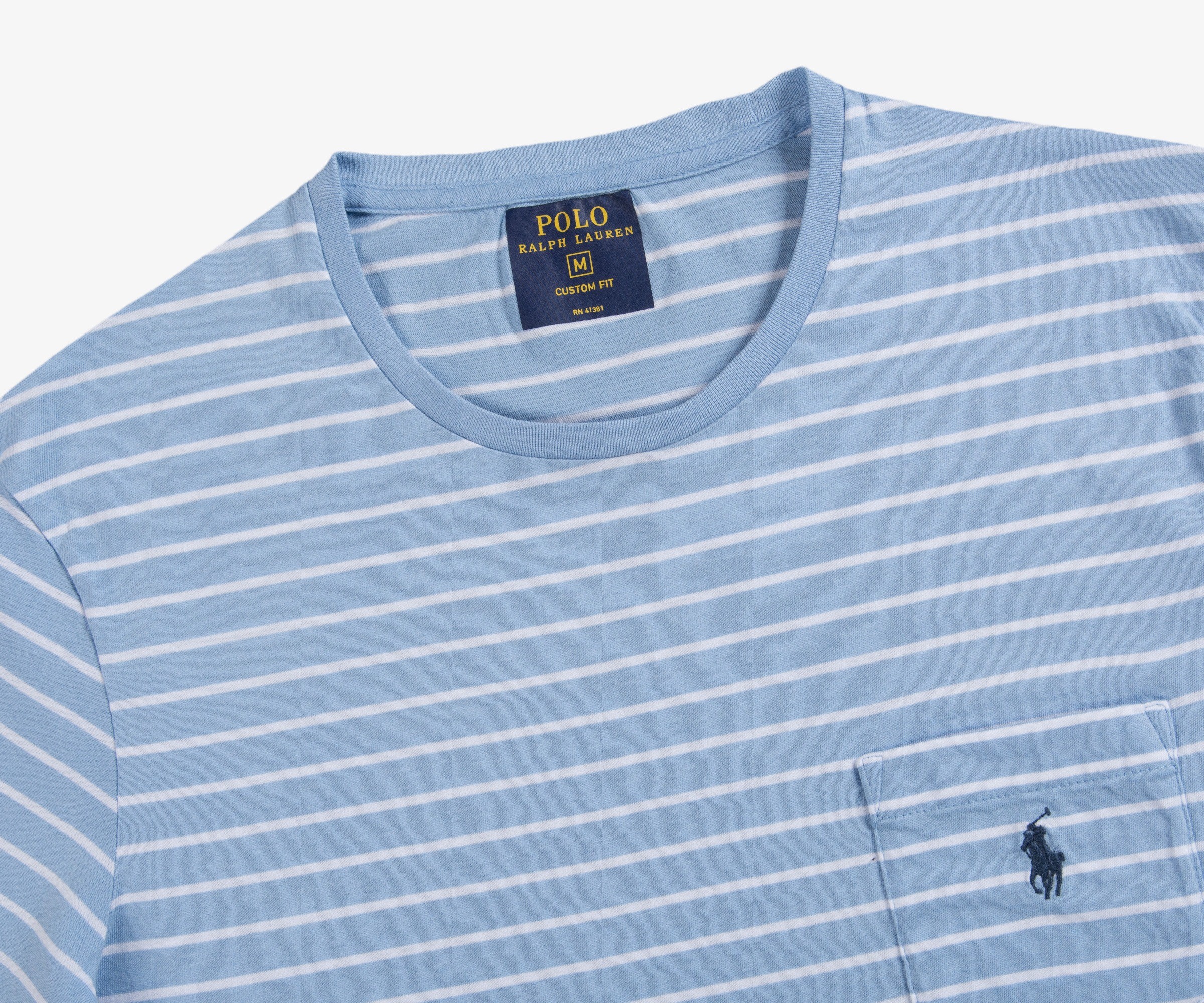 Polo Ralph Lauren Crew Neck Nautical Stripe T-Shirt With Front Pocket Sky  Blue/White
