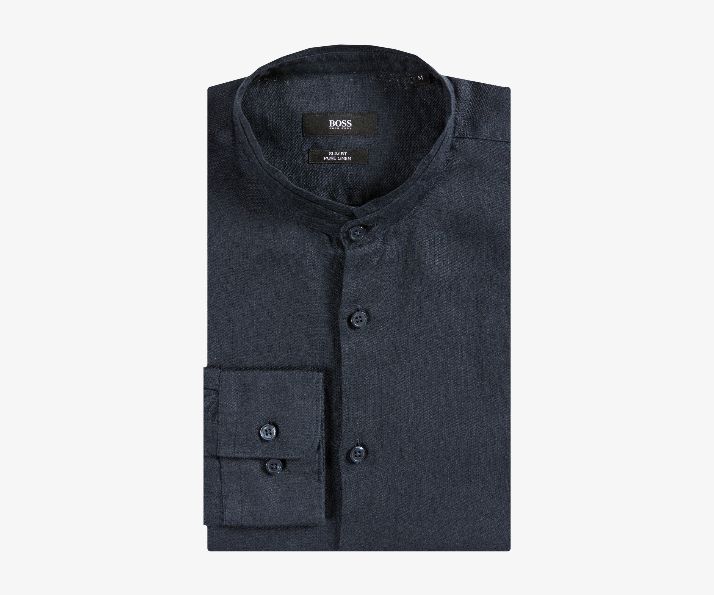 Hugo Boss 'Rab_F' Grandad Collar Short Length Pure Linen Shirt Dark Navy