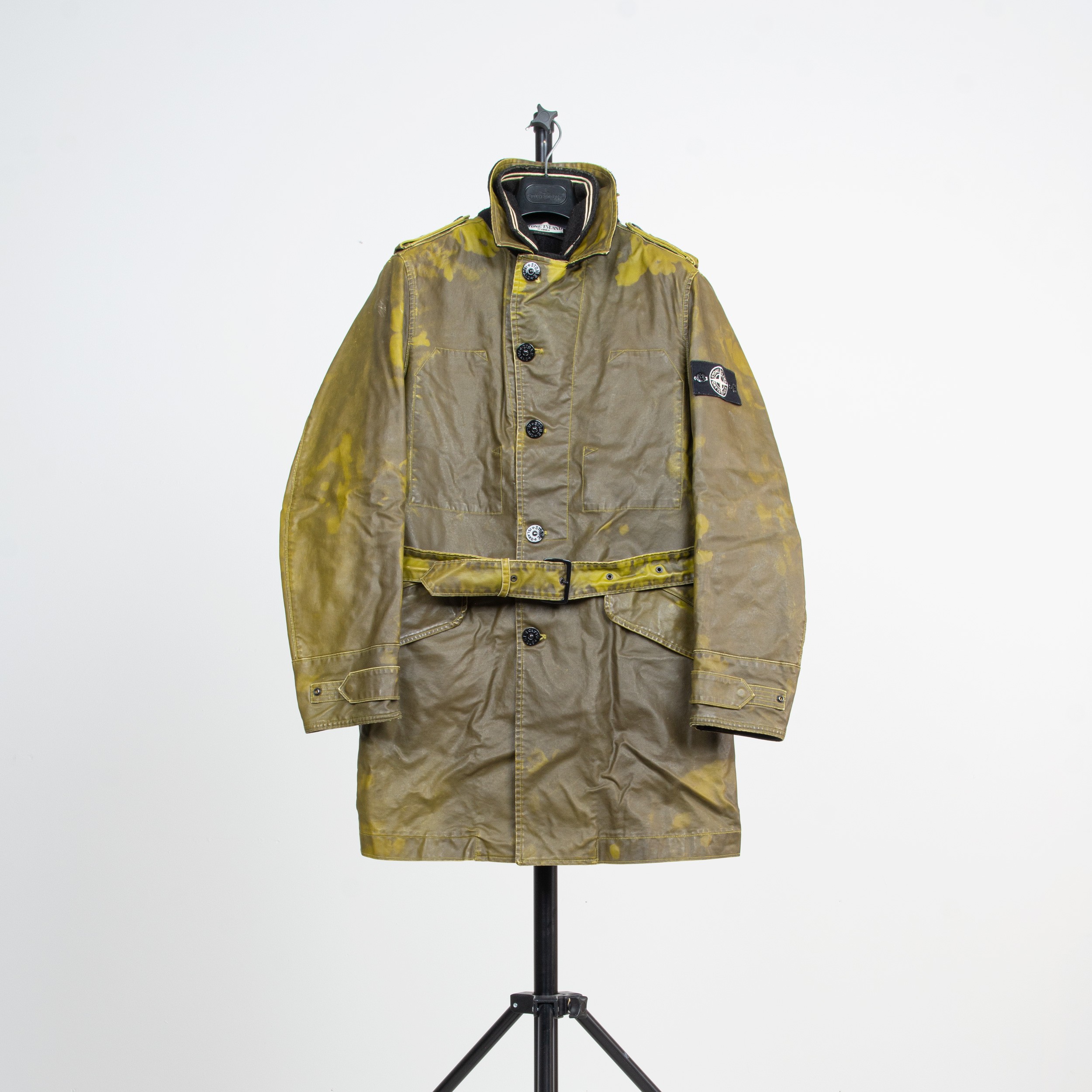 RE-POCKETS STONE ISLAND Waxed Ice Belted Jacket With Dutch Rope Dark Olive