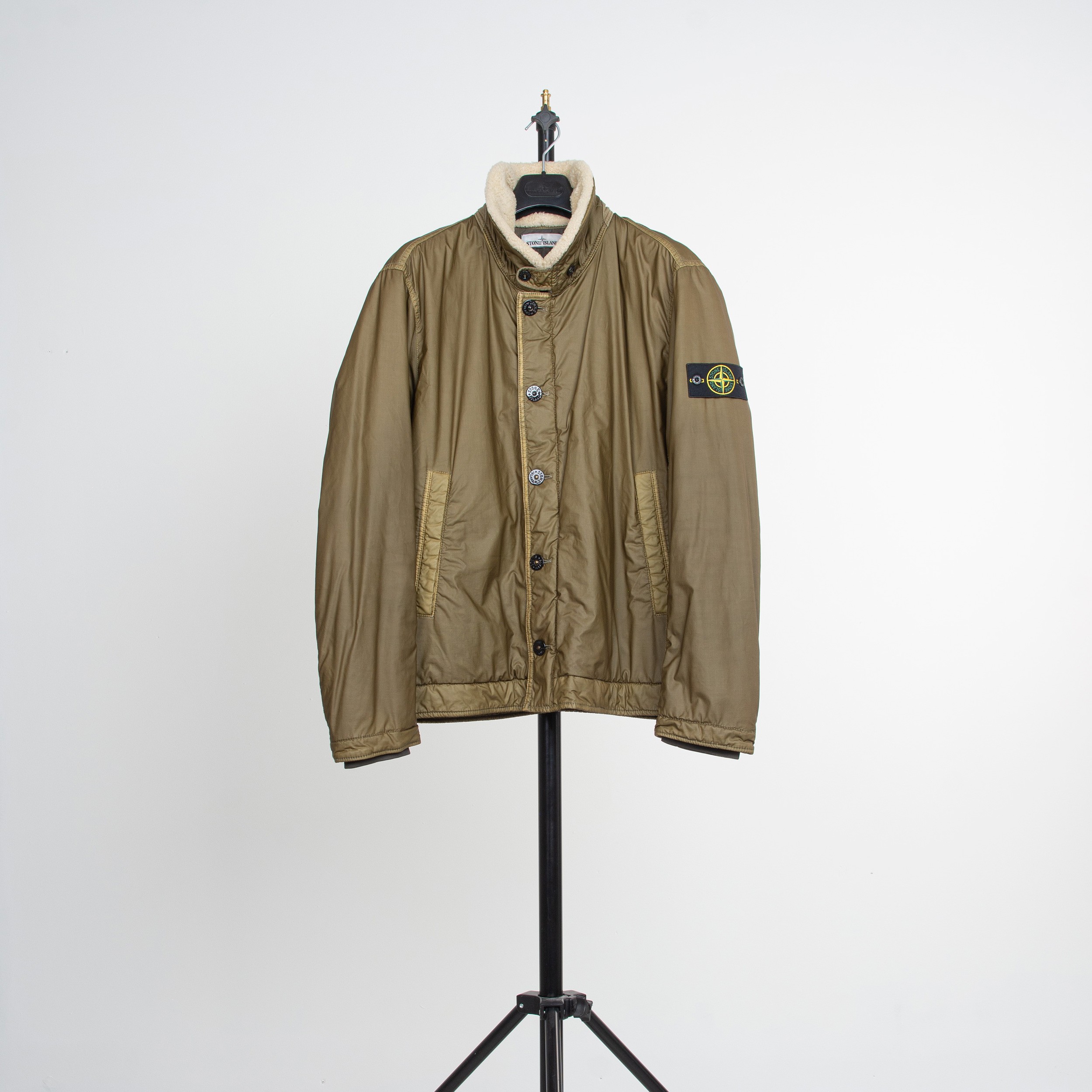 Stone Island Archivio 15 Full Zip/Button Mussola Gommata with Sheerling  Collar Jacket. Green