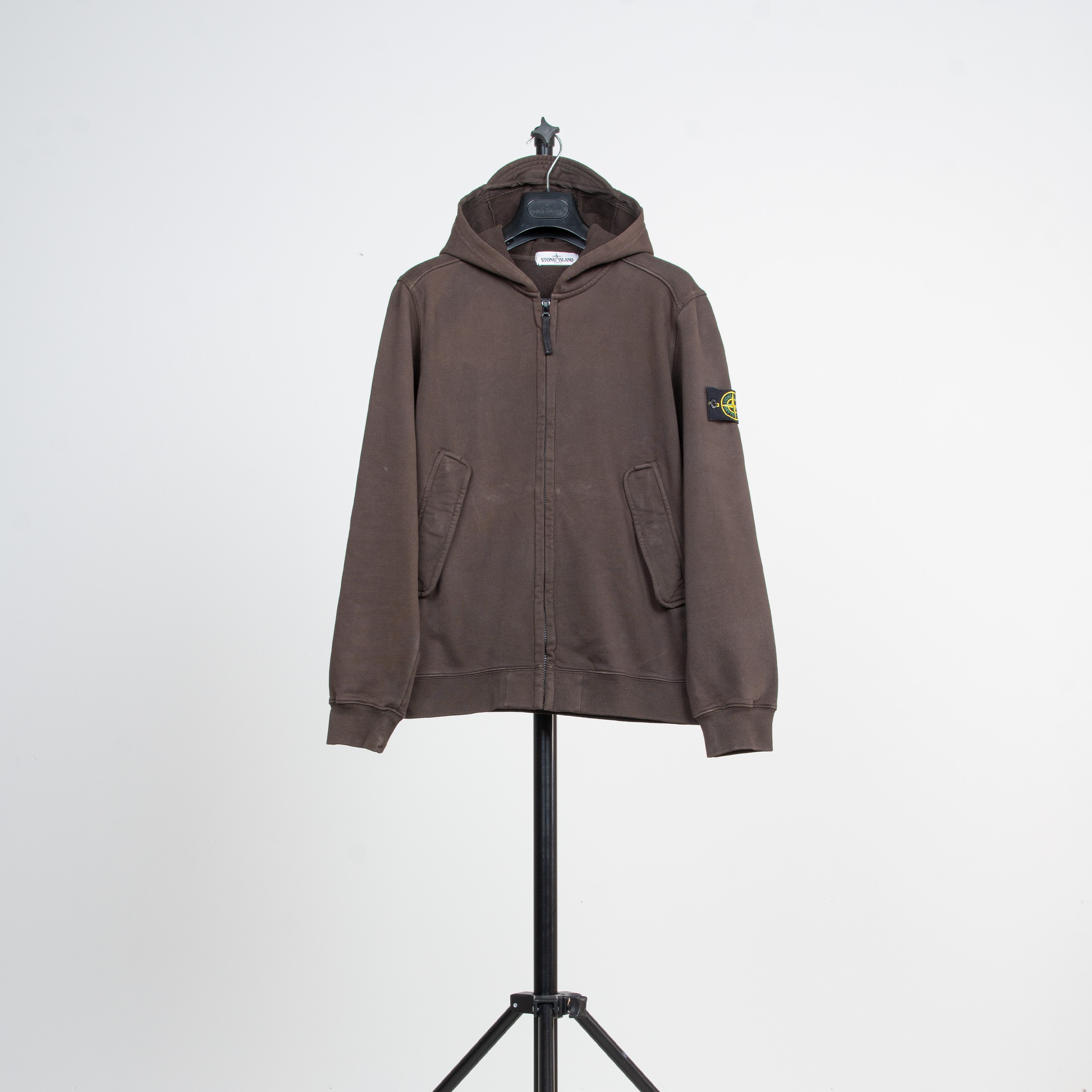 RE-POCKETS STONE ISLAND 'Classic' Full Zip Hooded Sweatshirt Brown